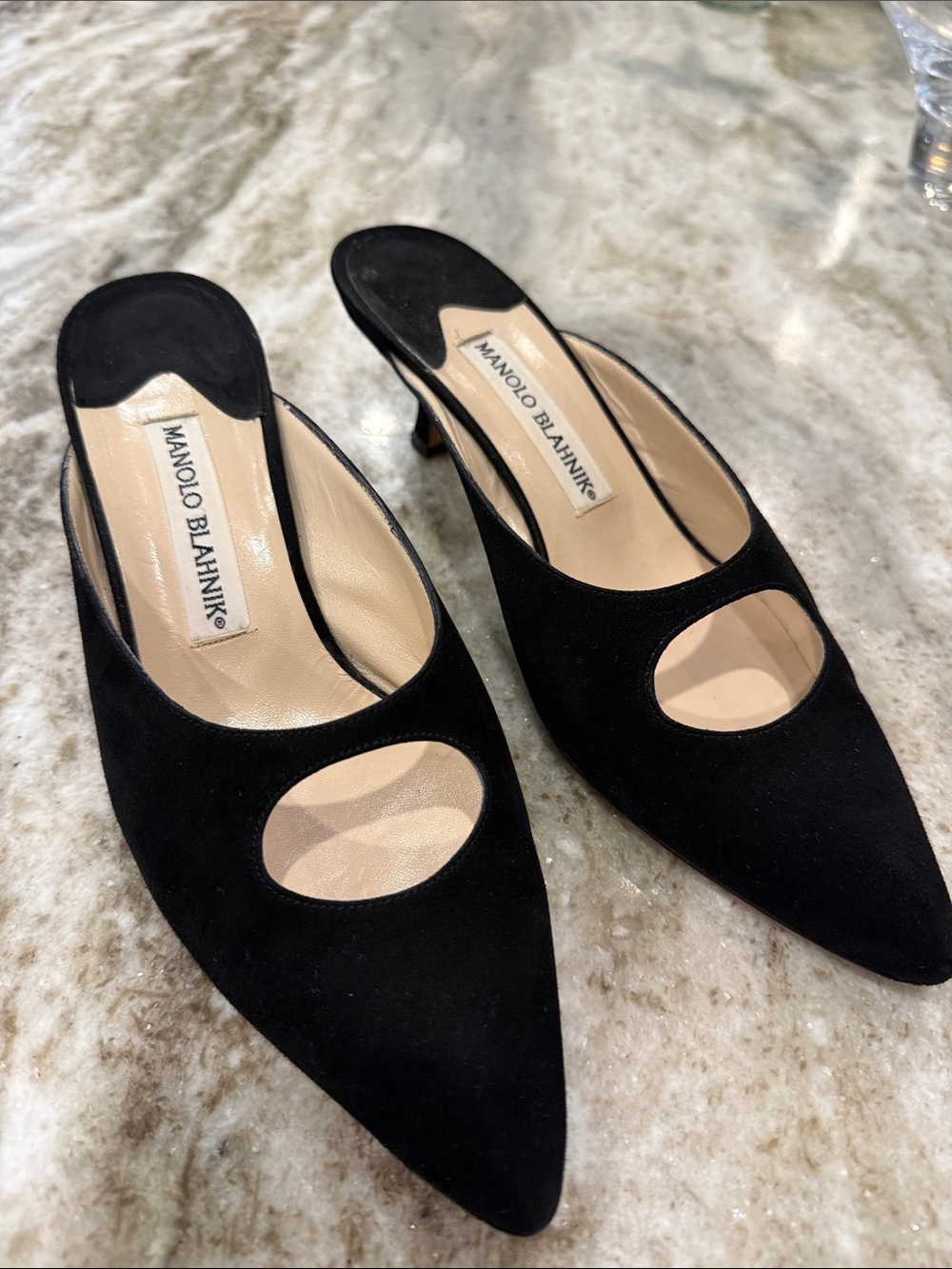 Manolo Blahnik Black Suede Maysale like Mule 2” heels 37 37.5 7